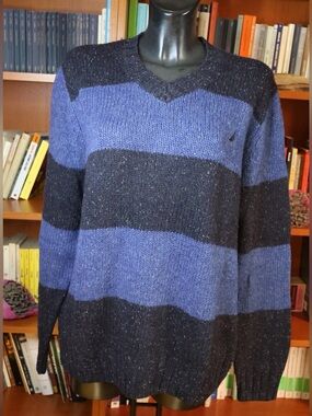 Nautica Men's Blue and Black Striped V-Neck Sweater